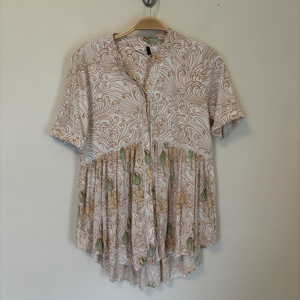 Akemi + Kin Anthropologie Veria Tunic Peplum Top Blouse Floral Orange Green XS